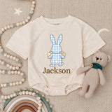 Personalized Easter Bunny Bubble Romper for Baby Boys with Soft Blue Gingham, Custom Name Spring Outfit Perfect First Holiday Gift