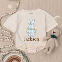 Personalized Easter Bunny Bubble Romper for Baby Boys with Soft Blue Gingham, Custom Name Spring Outfit Perfect First Holiday Gift