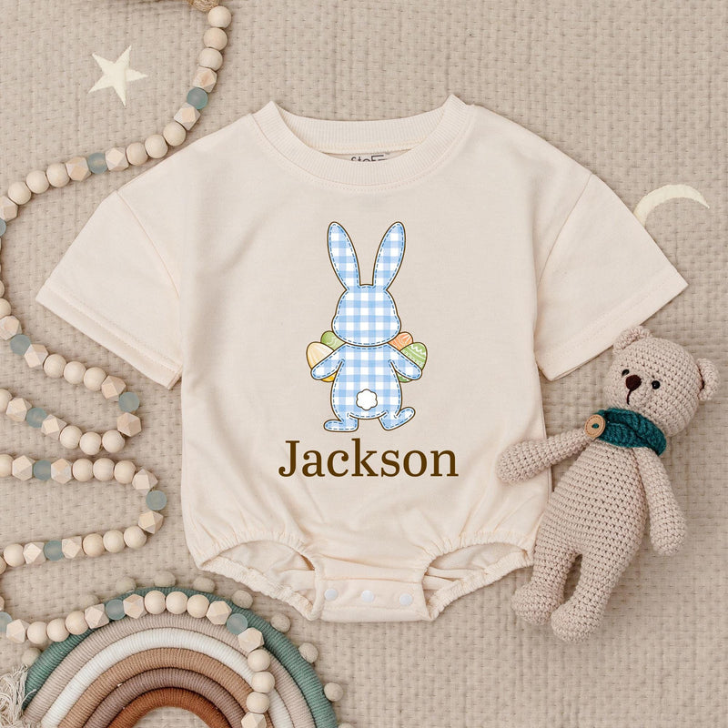 Personalized Easter Bunny Bubble Romper for Baby Boys with Soft Blue Gingham, Custom Name Spring Outfit Perfect First Holiday Gift