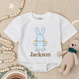 Personalized Easter Bunny Bubble Romper for Baby Boys with Soft Blue Gingham, Custom Name Spring Outfit Perfect First Holiday Gift