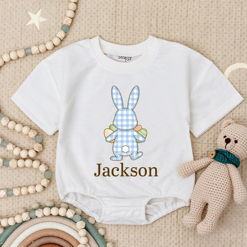 Personalized Easter Bunny Bubble Romper for Baby Boys with Soft Blue Gingham, Custom Name Spring Outfit Perfect First Holiday Gift