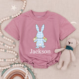 Personalized Easter Bunny Bubble Romper for Baby Boys with Soft Blue Gingham, Custom Name Spring Outfit Perfect First Holiday Gift