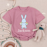 Personalized Easter Bunny Bubble Romper for Baby Boys with Soft Blue Gingham, Custom Name Spring Outfit Perfect First Holiday Gift