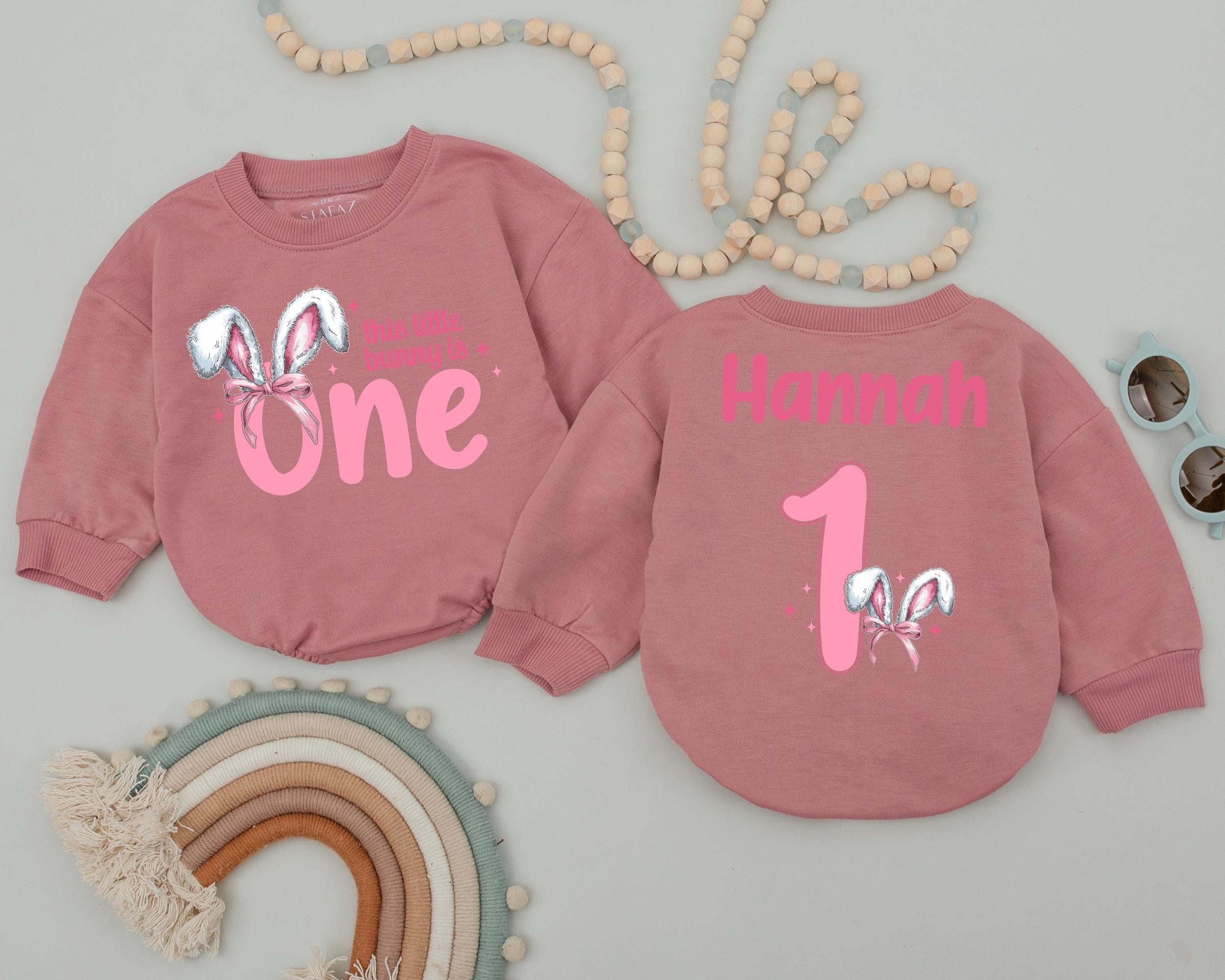 Personalized Easter Bunny Romper Baby's First Birthday Outfit Custom Name Soft Pink Silver Design Comfortable Infant Gift