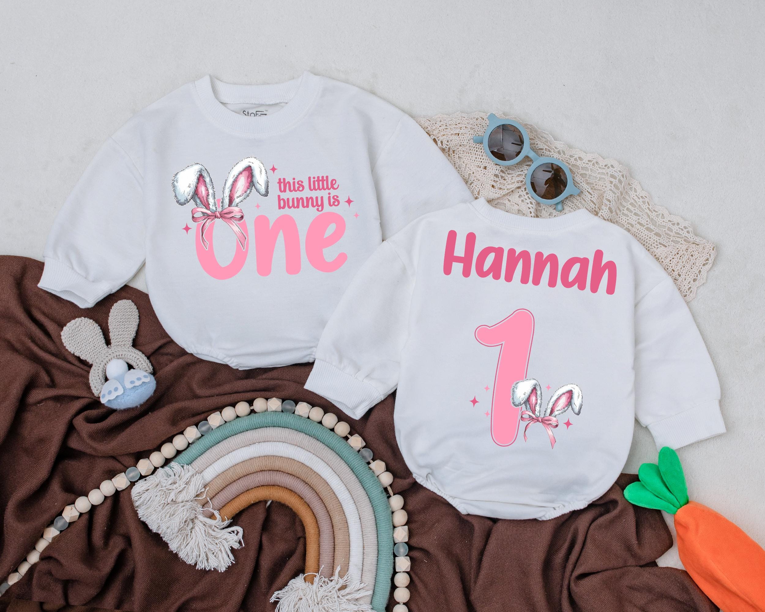 Personalized Easter Bunny Romper Baby's First Birthday Outfit Custom Name Soft Pink Silver Design Comfortable Infant Gift
