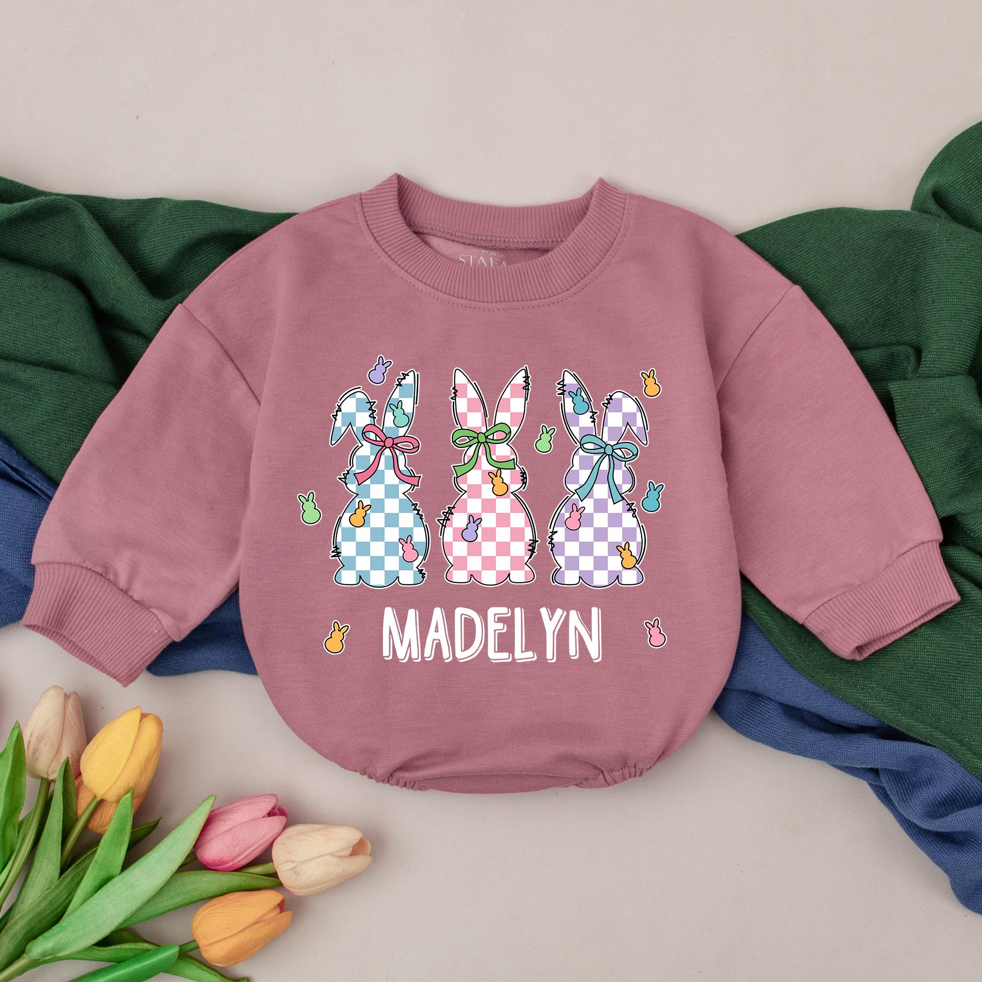 Personalized Easter Bunny Romper with Pastel Bunnies Baby Bodysuit Custom Name Infant Gift Soft Cotton Festive First Easter Outfit