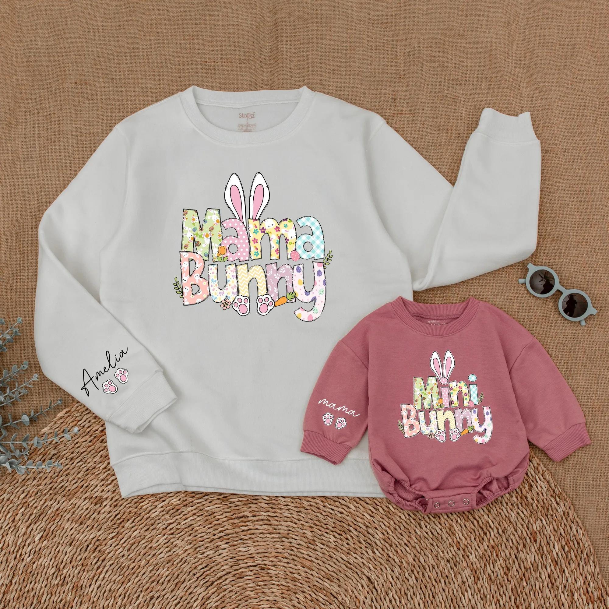 Personalized Easter Mama and Mini Bunny Sweatshirt Pastel Colors Cute Design Matching Family Outfit Customizable Names Holiday Wear