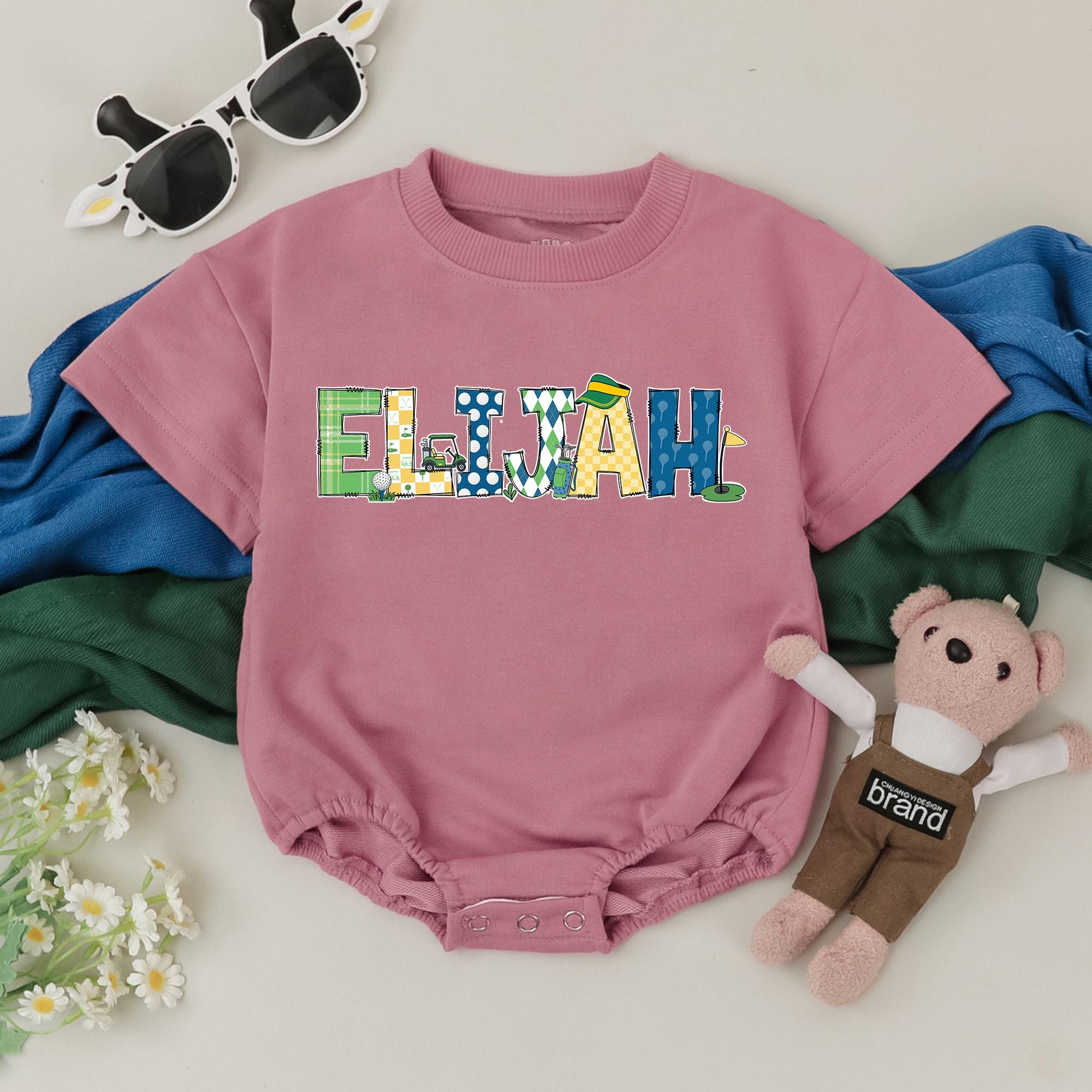 Personalized Elijah Golf Baby Romper Fun Patterned Birthday Outfit Toddler Boy or Girl Cotton Playful Colors Baby Shower Gift