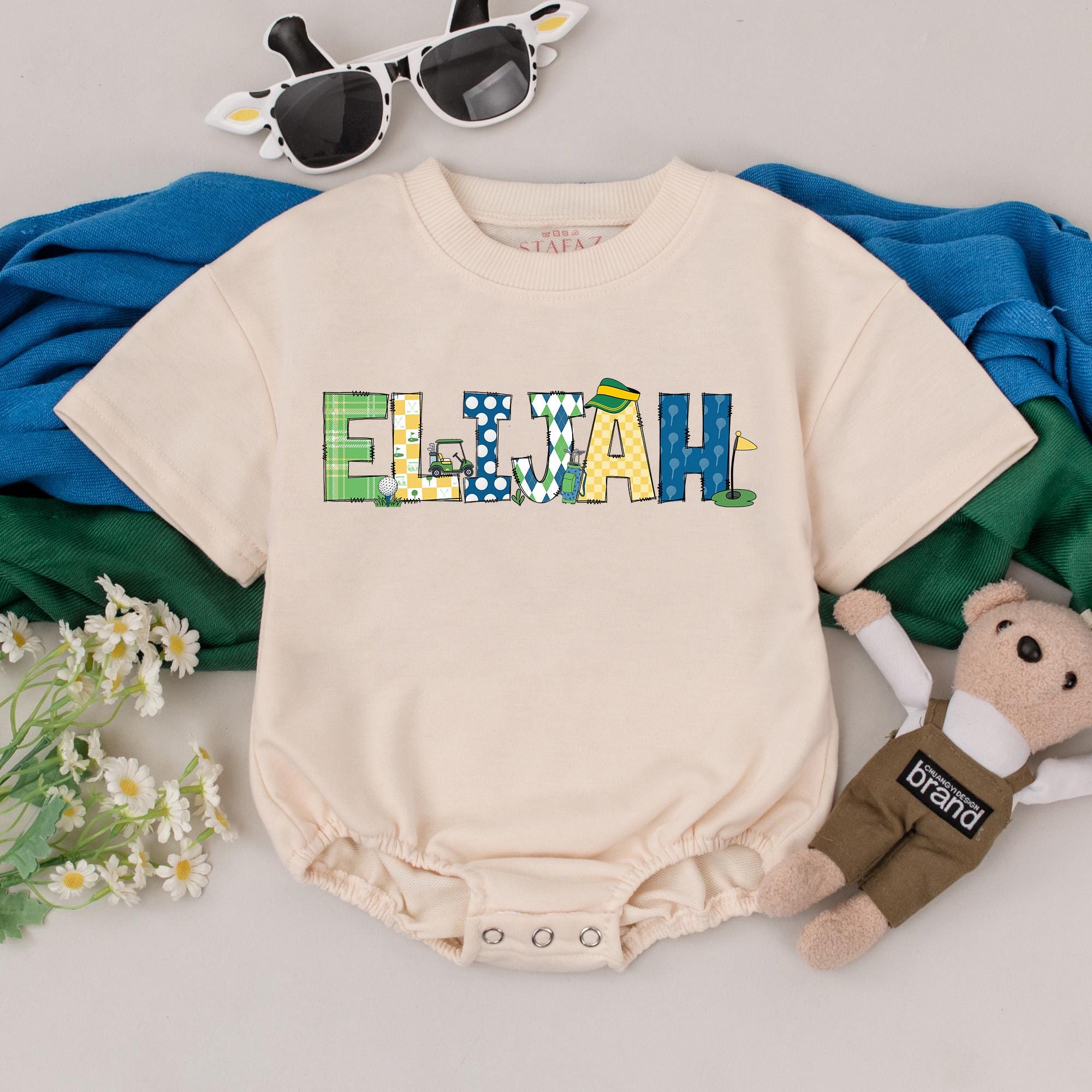 Personalized Elijah Golf Baby Romper Fun Patterned Birthday Outfit Toddler Boy or Girl Cotton Playful Colors Baby Shower Gift