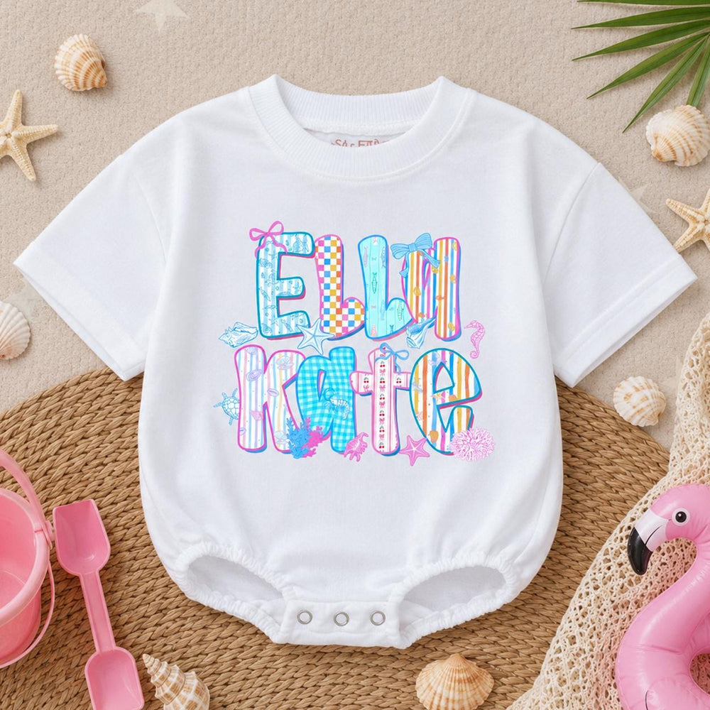 Personalized Elli Kate Bubble Romper Baby Girl Cotton Outfit Coastal Beach Design with Pastel Colors, Bows and Seashell Graphics