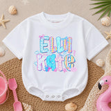 Personalized Elli Kate Bubble Romper Baby Girl Cotton Outfit Coastal Beach Design with Pastel Colors, Bows and Seashell Graphics