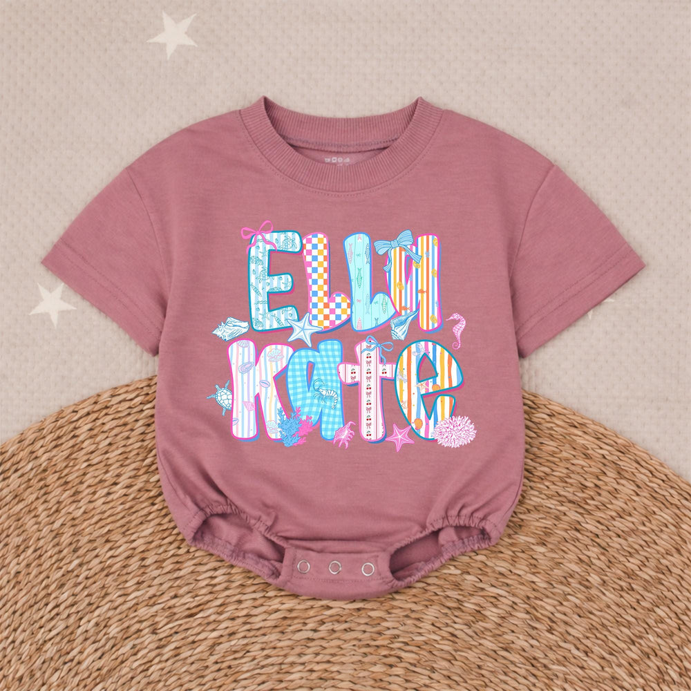 Personalized Elli Kate Bubble Romper Baby Girl Cotton Outfit Coastal Beach Design with Pastel Colors, Bows and Seashell Graphics