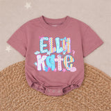 Personalized Elli Kate Bubble Romper Baby Girl Cotton Outfit Coastal Beach Design with Pastel Colors, Bows and Seashell Graphics