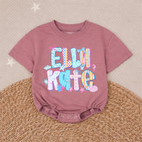 Personalized Elli Kate Bubble Romper Baby Girl Cotton Outfit Coastal Beach Design with Pastel Colors, Bows and Seashell Graphics