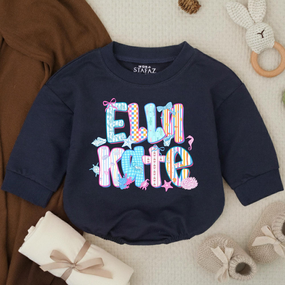 Personalized Elli Kate Bubble Romper Baby Girl Cotton Outfit Coastal Beach Design with Pastel Colors, Bows and Seashell Graphics