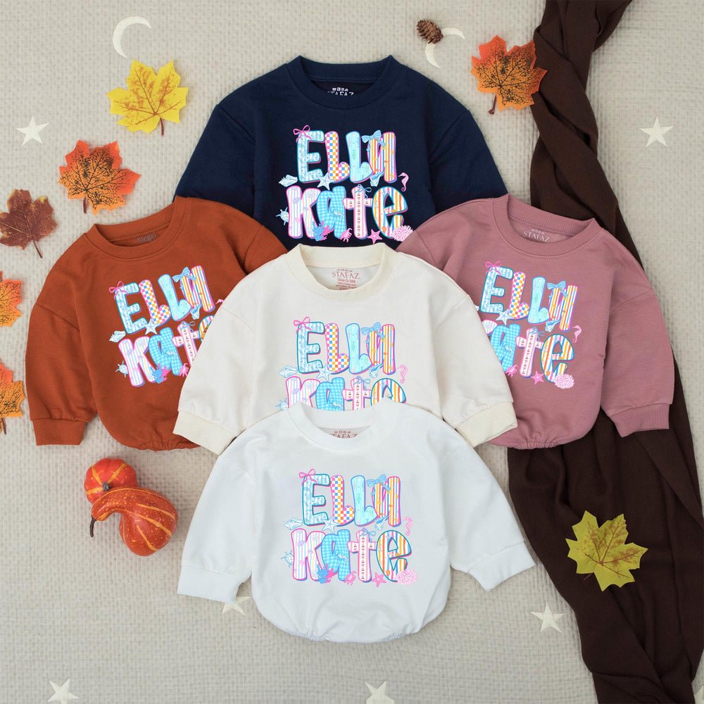 Personalized Elli Kate Bubble Romper Baby Girl Cotton Outfit Coastal Beach Design with Pastel Colors, Bows and Seashell Graphics