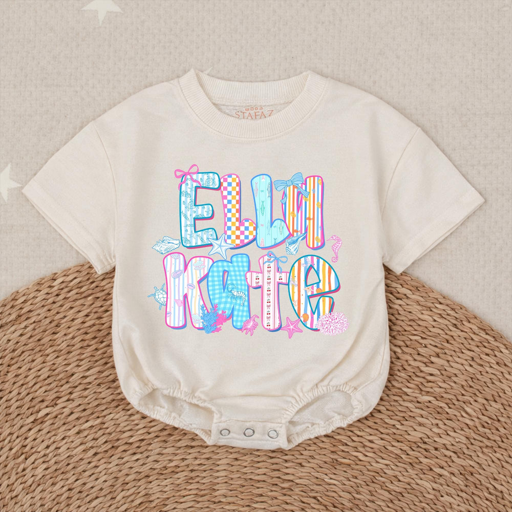Personalized Elli Kate Bubble Romper Baby Girl Cotton Outfit Coastal Beach Design with Pastel Colors, Bows and Seashell Graphics