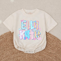 Personalized Elli Kate Bubble Romper Baby Girl Cotton Outfit Coastal Beach Design with Pastel Colors, Bows and Seashell Graphics
