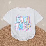 Personalized Elli Kate Bubble Romper Baby Girl Cotton Outfit Coastal Beach Design with Pastel Colors, Bows and Seashell Graphics