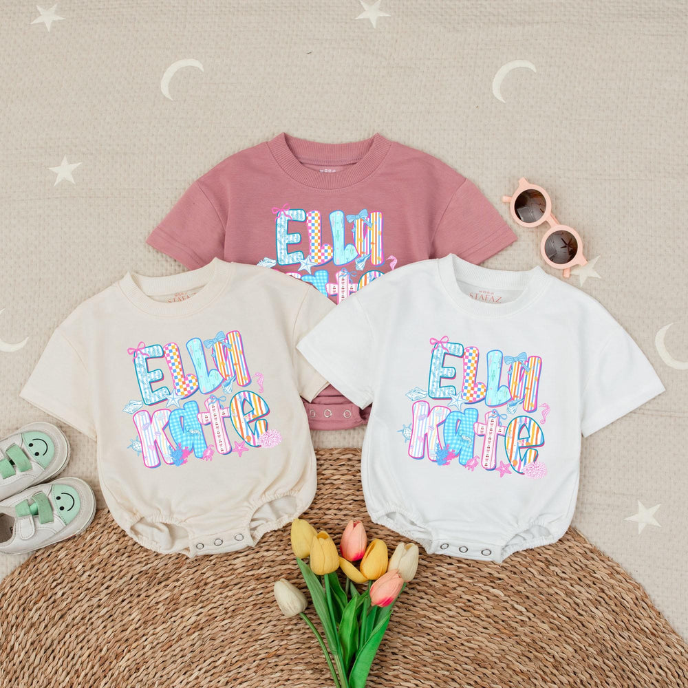 Personalized Elli Kate Bubble Romper Baby Girl Cotton Outfit Coastal Beach Design with Pastel Colors, Bows and Seashell Graphics
