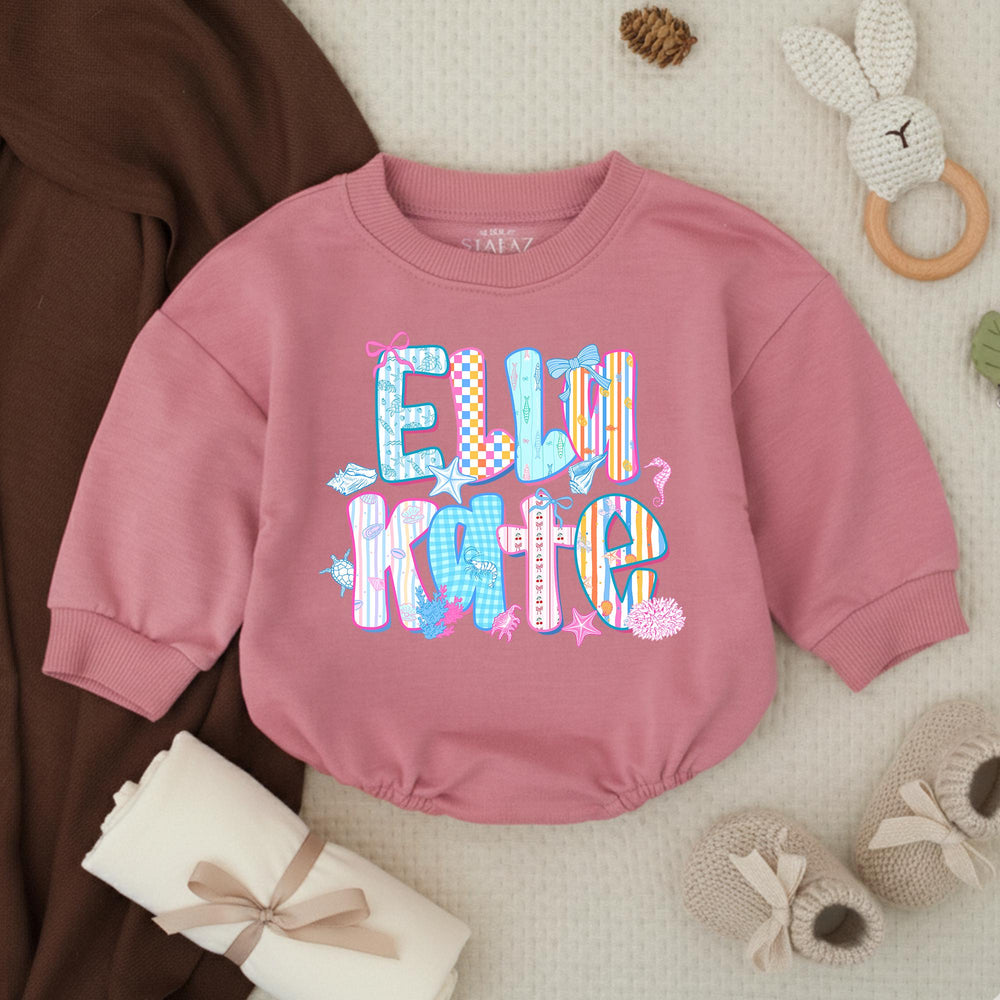 Personalized Elli Kate Bubble Romper Baby Girl Cotton Outfit Coastal Beach Design with Pastel Colors, Bows and Seashell Graphics