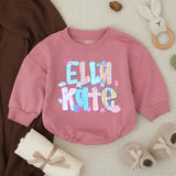 Personalized Elli Kate Bubble Romper Baby Girl Cotton Outfit Coastal Beach Design with Pastel Colors, Bows and Seashell Graphics