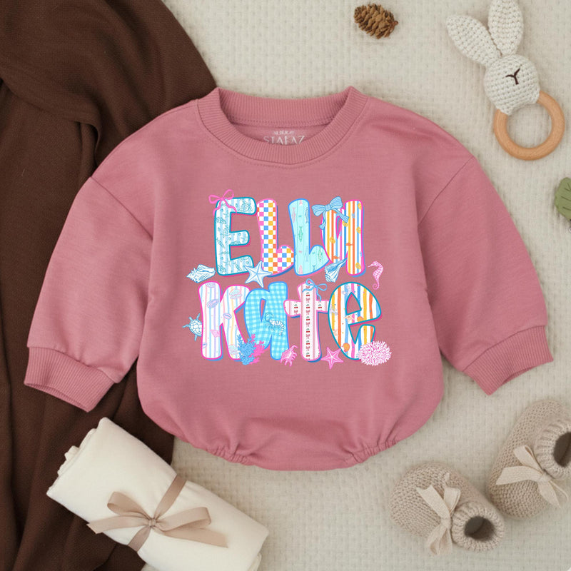 Personalized Elli Kate Bubble Romper Baby Girl Cotton Outfit Coastal Beach Design with Pastel Colors, Bows and Seashell Graphics