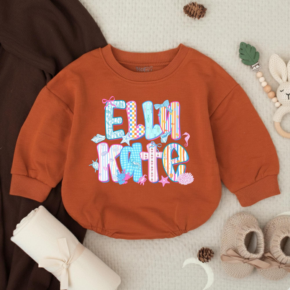 Personalized Elli Kate Bubble Romper Baby Girl Cotton Outfit Coastal Beach Design with Pastel Colors, Bows and Seashell Graphics