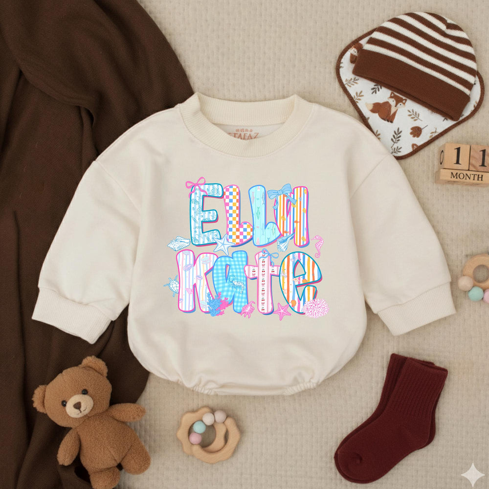 Personalized Elli Kate Bubble Romper Baby Girl Cotton Outfit Coastal Beach Design with Pastel Colors, Bows and Seashell Graphics