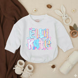 Personalized Elli Kate Bubble Romper Baby Girl Cotton Outfit Coastal Beach Design with Pastel Colors, Bows and Seashell Graphics