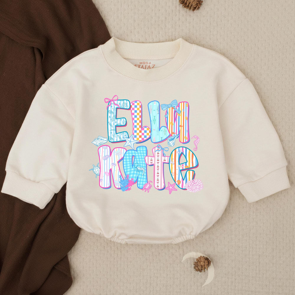 Personalized Elli Kate Bubble Romper Baby Girl Cotton Outfit Coastal Beach Design with Pastel Colors, Bows and Seashell Graphics