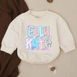 Personalized Elli Kate Bubble Romper Baby Girl Cotton Outfit Coastal Beach Design with Pastel Colors, Bows and Seashell Graphics