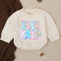 Personalized Elli Kate Bubble Romper Baby Girl Cotton Outfit Coastal Beach Design with Pastel Colors, Bows and Seashell Graphics