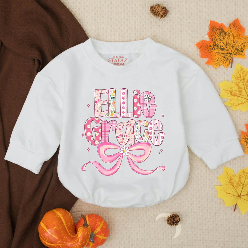 Personalized Ellie Grace Floral Romper with Pink Bow Baby Girl Outfit Birthday Gift Cotton Soft Celebration Clothes Playful Design