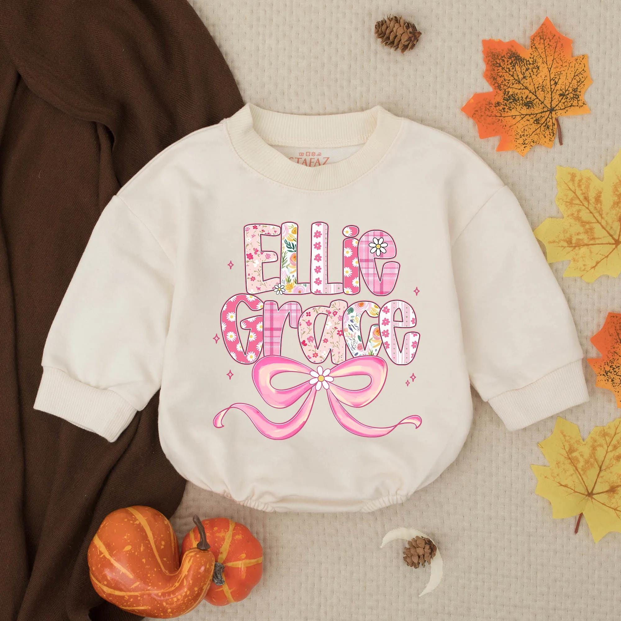 Personalized Ellie Grace Floral Romper with Pink Bow Baby Girl Outfit Birthday Gift Cotton Soft Celebration Clothes Playful Design