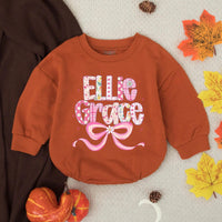 Personalized Ellie Grace Floral Romper with Pink Bow Baby Girl Outfit Birthday Gift Cotton Soft Celebration Clothes Playful Design