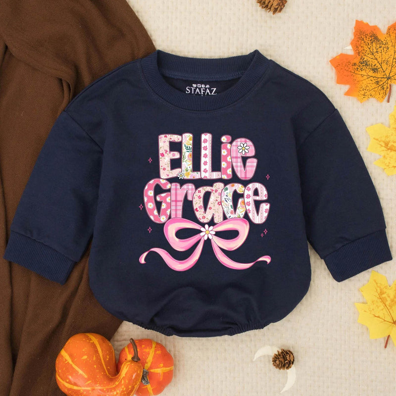 Personalized Ellie Grace Floral Romper with Pink Bow Baby Girl Outfit Birthday Gift Cotton Soft Celebration Clothes Playful Design