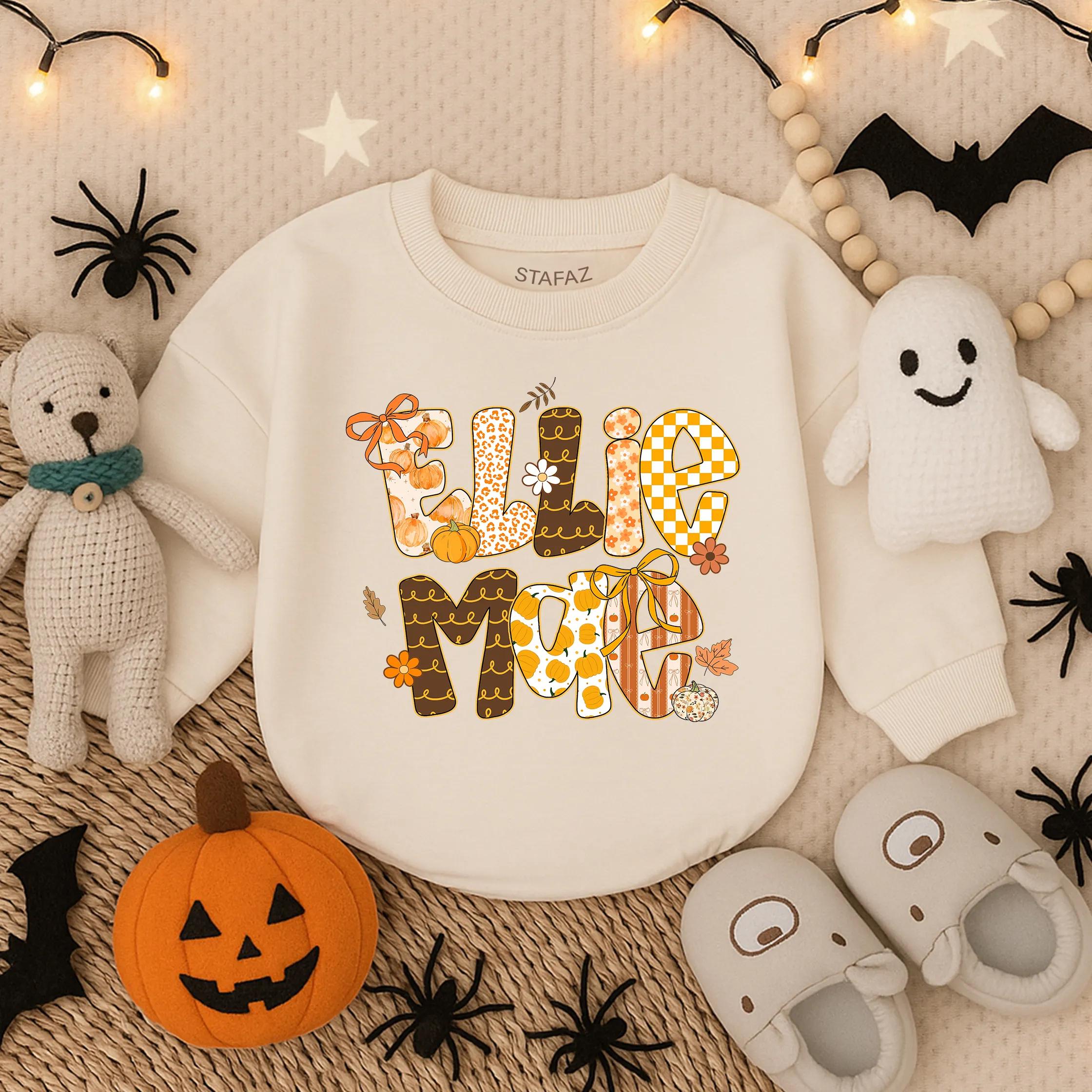 Personalized Ellie Mae Fall Bubble Romper Baby Girl Thanksgiving Outfit Autumn Leaves Pumpkins Design Cozy Toddler Clothing Gift
