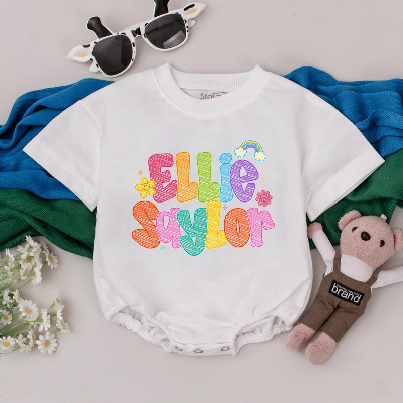 Personalized Ellie Saylor Name Romper Colorful Baby Girl Bodysuit Playful Handwritten Design Custom Birthday Outfit Perfect Shower Gift