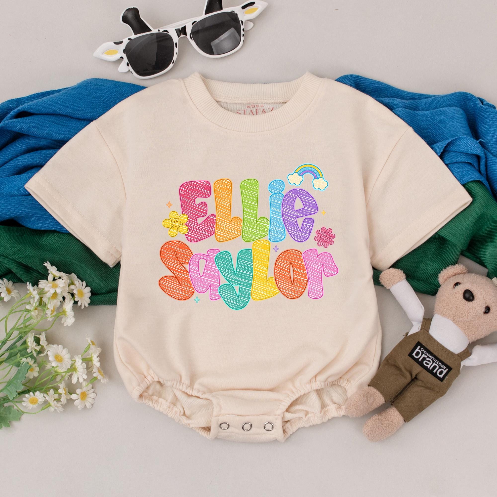 Personalized Ellie Saylor Name Romper Colorful Baby Girl Bodysuit Playful Handwritten Design Custom Birthday Outfit Perfect Shower Gift