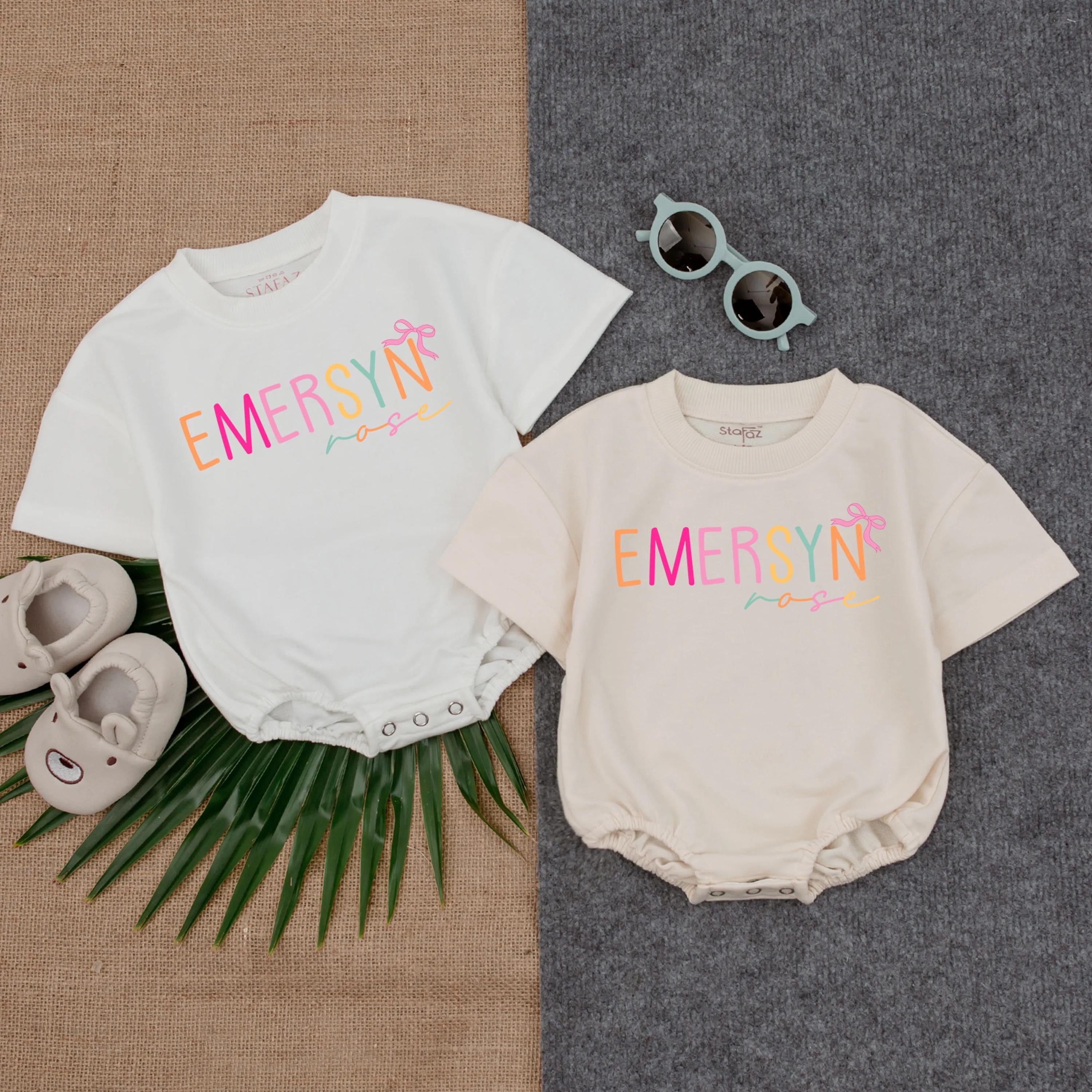 Personalized Emersyn Rose Baby Girl Romper Colorful Bow Design Soft Cotton Outfit Perfect Birthday or Holiday Gift for Infants