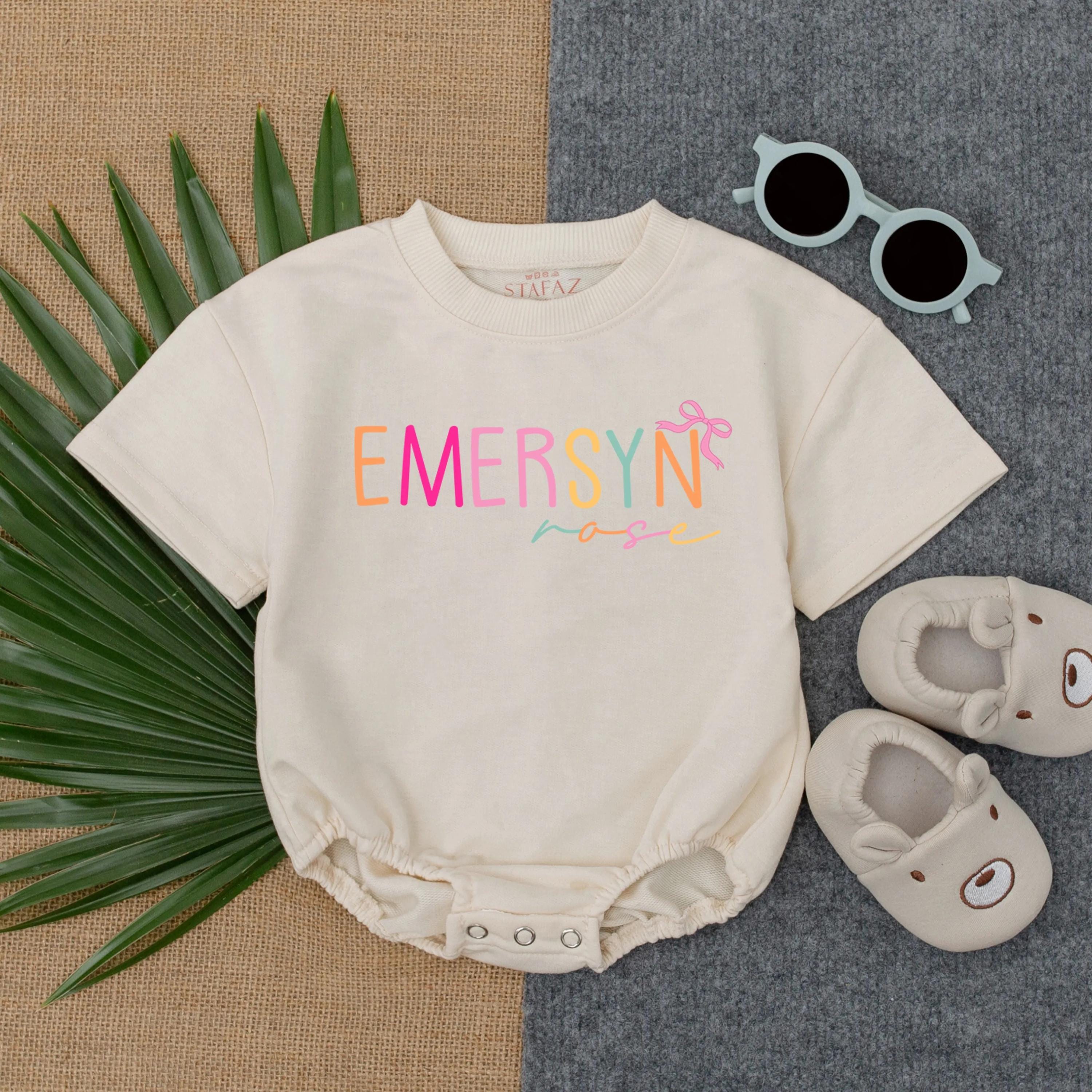 Personalized Emersyn Rose Baby Girl Romper Colorful Bow Design Soft Cotton Outfit Perfect Birthday or Holiday Gift for Infants