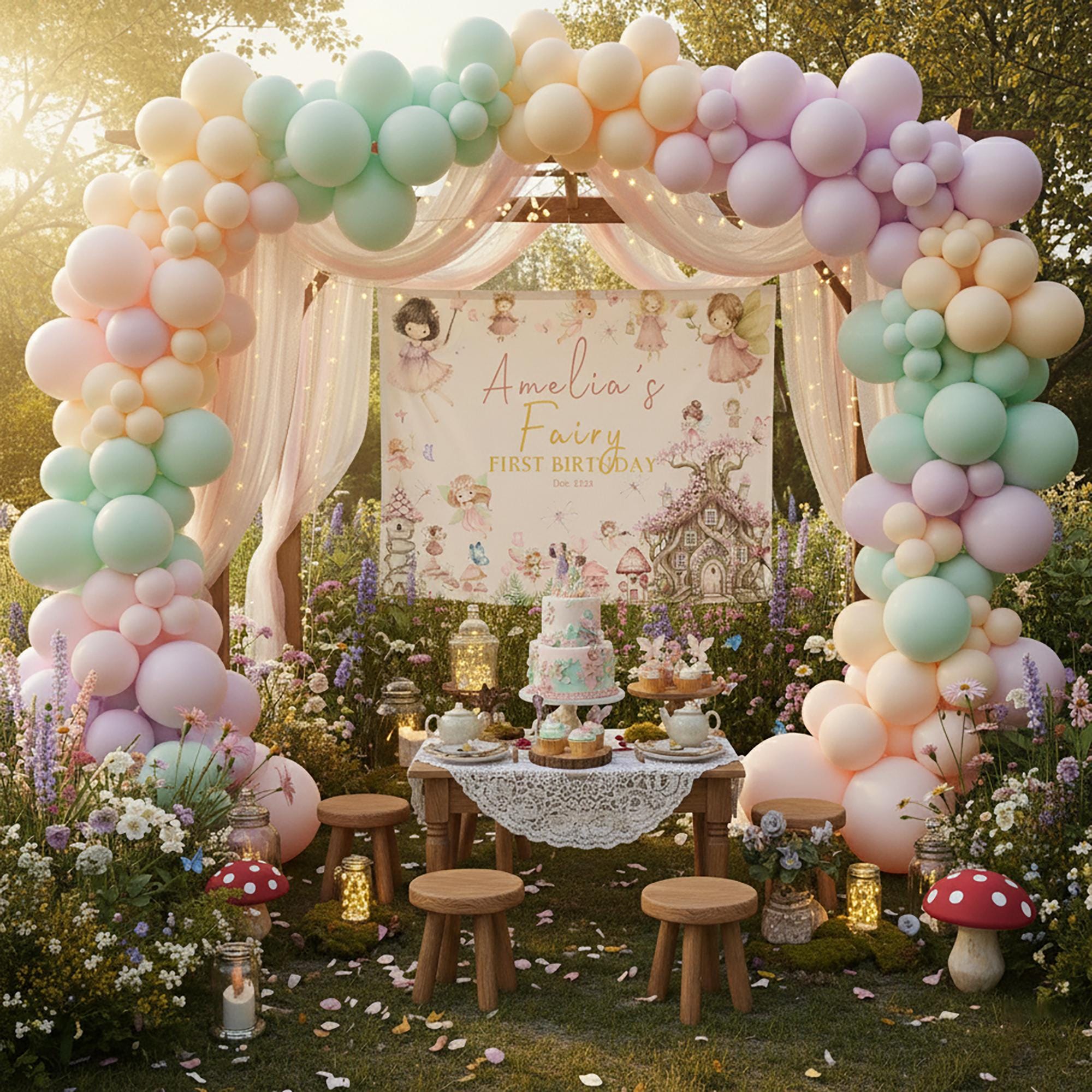 Personalized Fairy First Birthday Backdrop for Girls Magical Woodland Party Photo Prop with Watercolor Fairies and Cottage Design