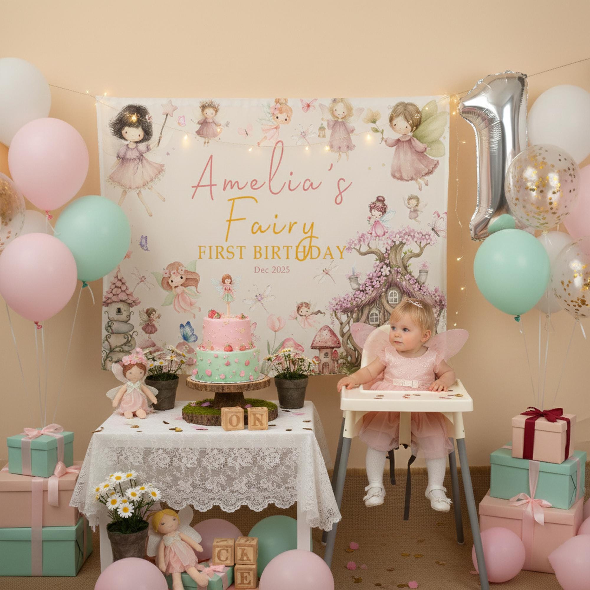 Personalized Fairy First Birthday Backdrop for Girls Magical Woodland Party Photo Prop with Watercolor Fairies and Cottage Design