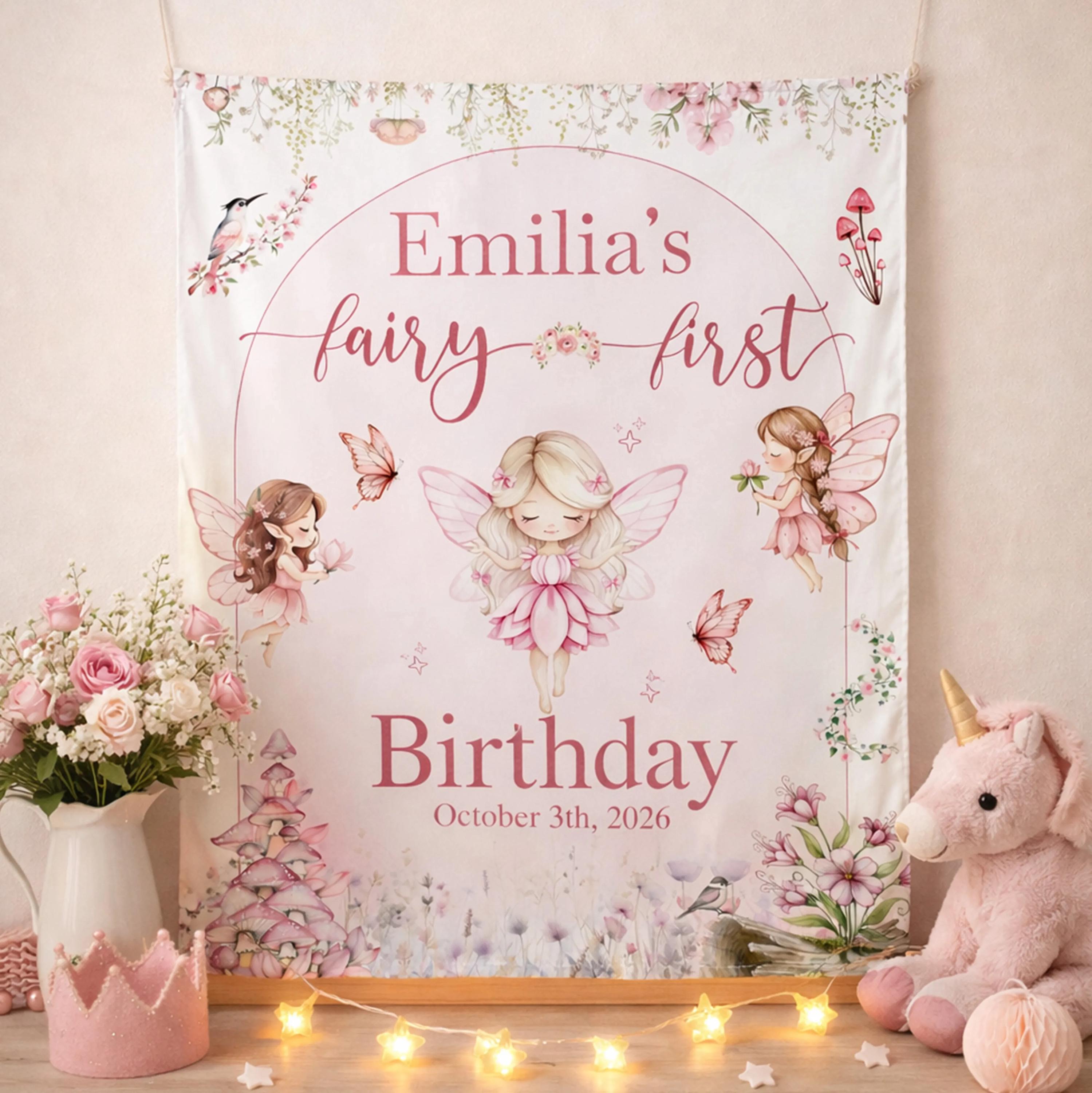 Personalized Fairy First Birthday Banner with Name and Date, Enchanted Garden Party Backdrop for Baby Girl Celebration or Photo Decor