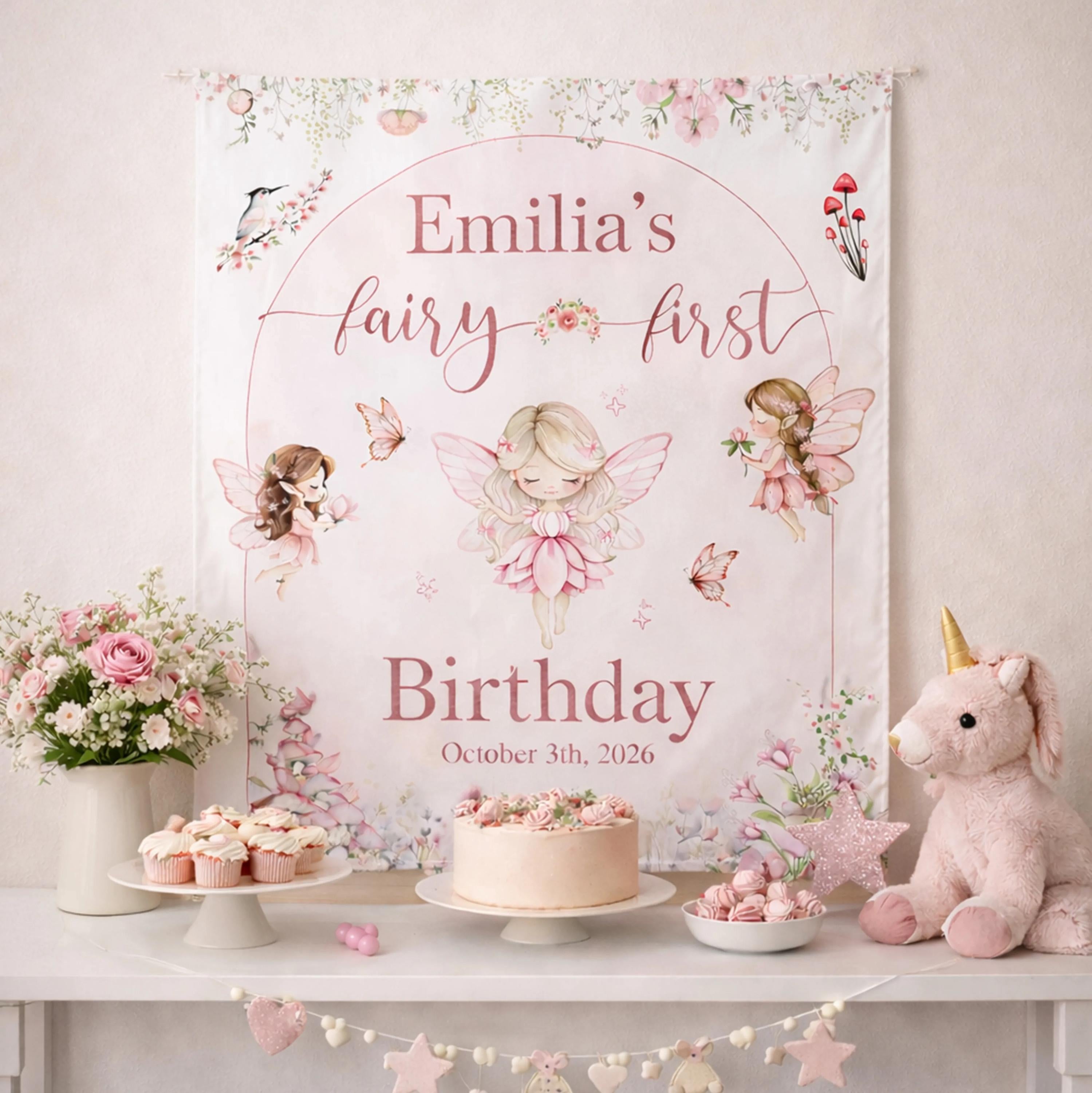 Personalized Fairy First Birthday Banner with Name and Date, Enchanted Garden Party Backdrop for Baby Girl Celebration or Photo Decor