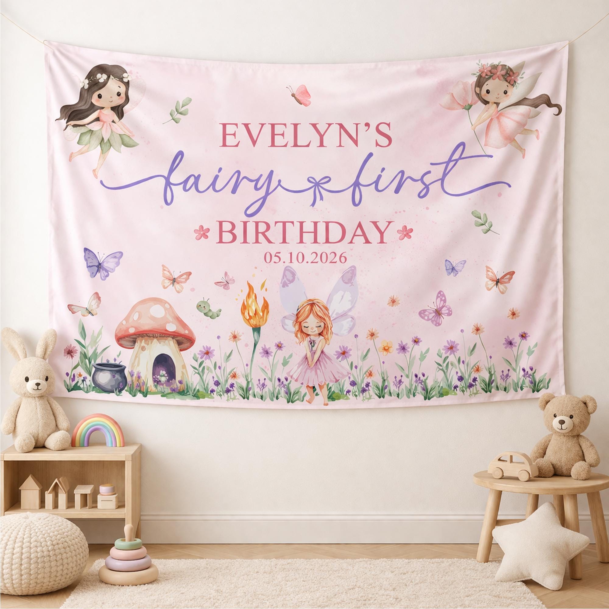 Personalized Fairy First Birthday Silk Banner Enchanted Garden Girl Photo Backdrop Whimsical Soft Pink Gradient Party Decor