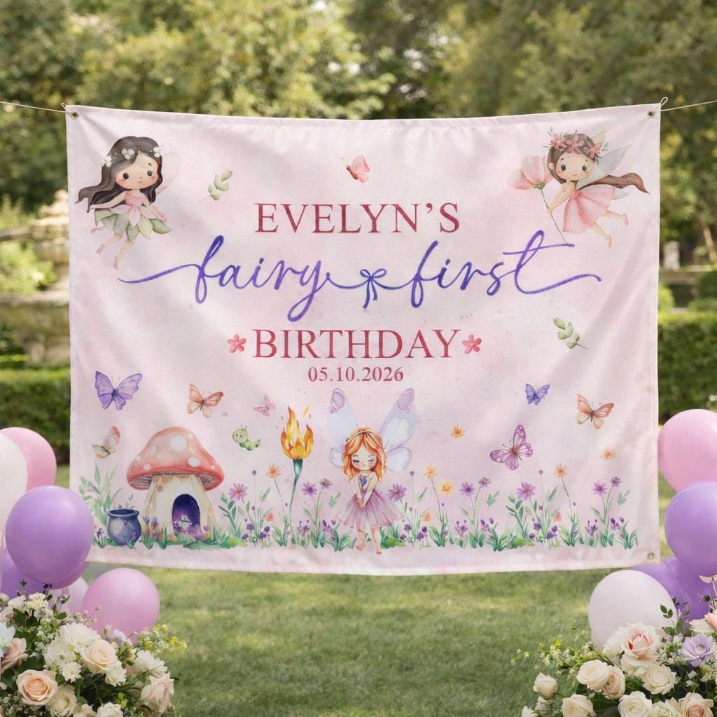 Personalized Fairy First Birthday Silk Banner Enchanted Garden Girl Photo Backdrop Whimsical Soft Pink Gradient Party Decor