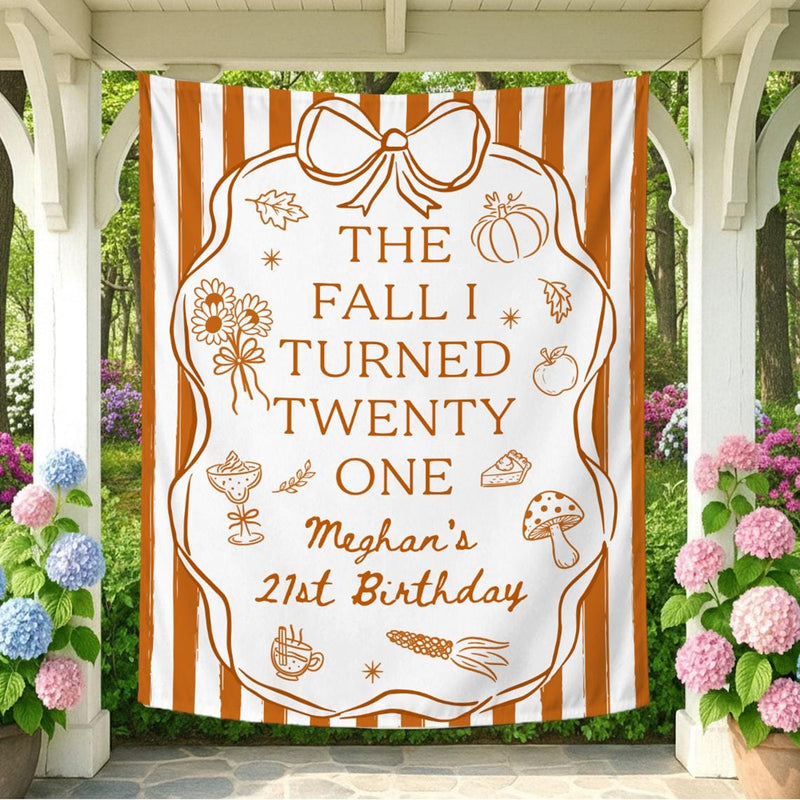 Personalized Fall 21st Birthday Silk Banner with Custom Name and Age Cozy Autumn Party Decoration Burnt Orange Design with Bow and Frame