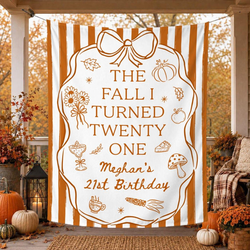 Personalized Fall 21st Birthday Silk Banner with Custom Name and Age Cozy Autumn Party Decoration Burnt Orange Design with Bow and Frame